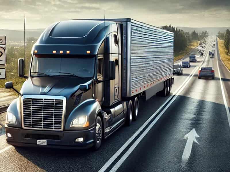 Un camión largo circula en una carretera